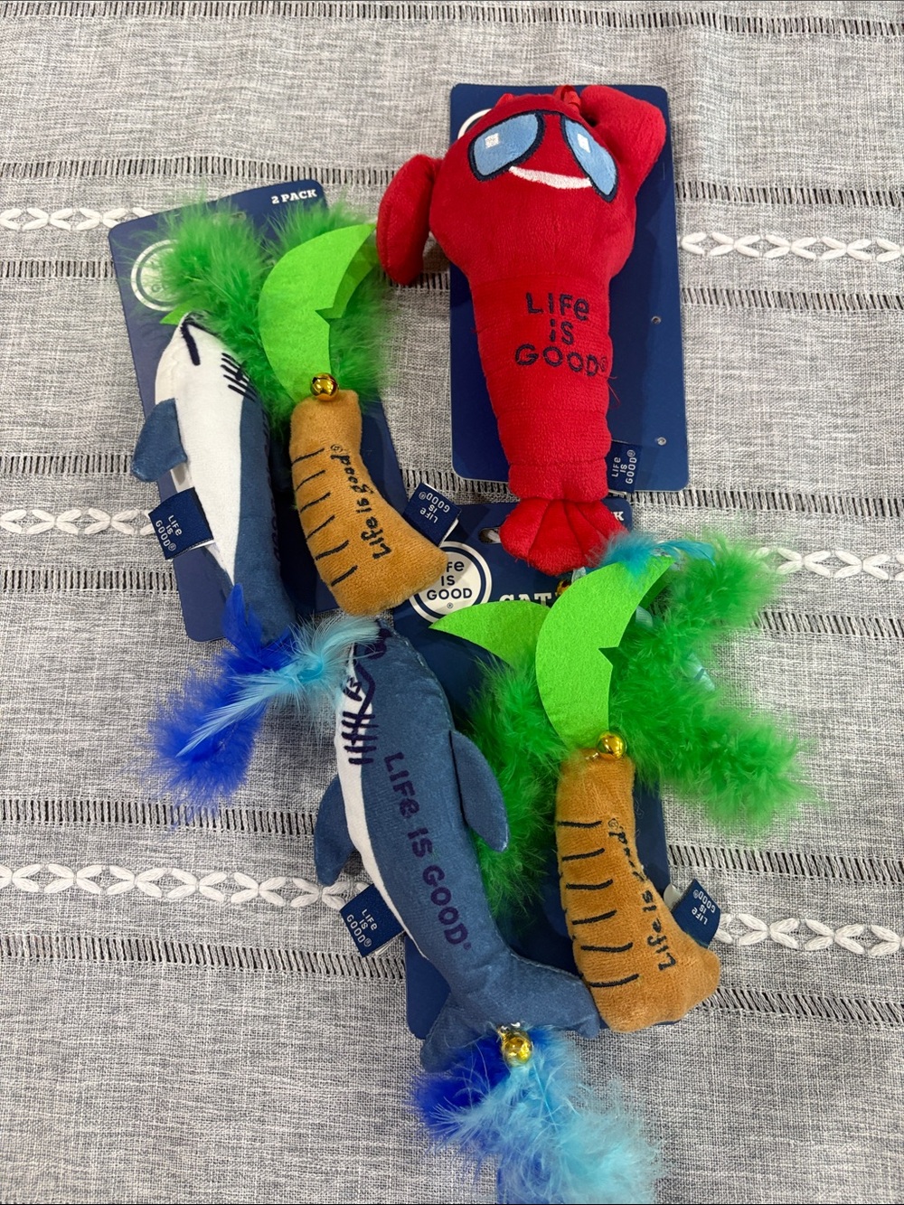 Life is Good Cat Toy Bundle Red Lobster, Blue Shark and Palm Tree Plush Toy Set